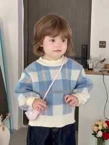 DAZY 女宝宝格子针织毛衣韩版甜美清新长袖秋冬 - 藍色 - 查看 8