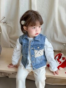 DAZY Baby Girl Lace Patchwork Casual Denim Vest With Lapel - Blue - View 6