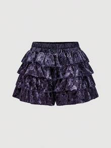 SHEIN MOD Women's Elastic Waist Layered Ruffle Hem Skirt Shorts,Fall Clothes For Women,Halloween Clothes,Nightmare Before Christmas,Ruffled Shorts