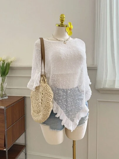 Comfortcana Plus Size Women's Green Ruffled Hem Semi-Sheer Casual Crochet Poncho, Suitable For Summer Outings And Dates Beach Top Women Knit Tops