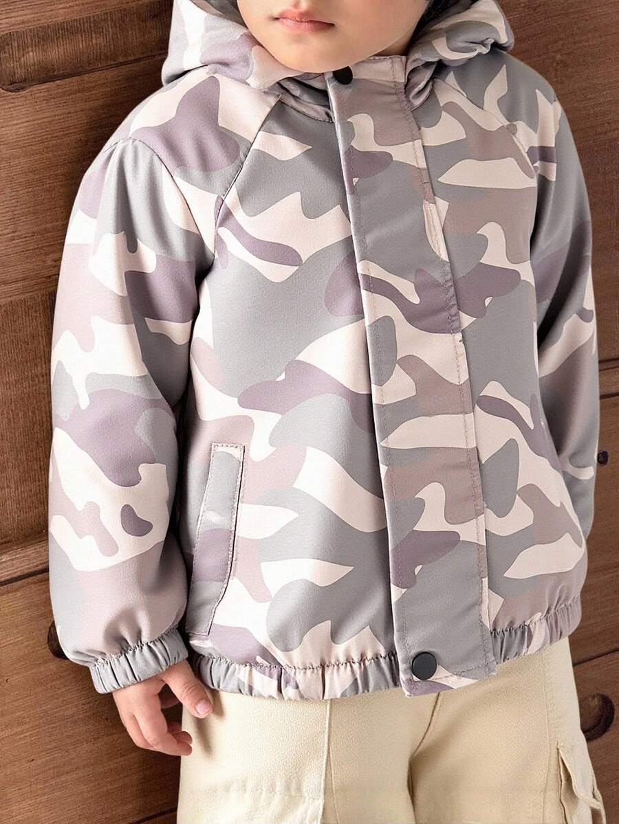 SHEIN 男童迷彩加厚保暖连帽拉链工装外套，休闲舒适，功能多样，适合秋冬季穿着。 - 綠色 - 查看 1