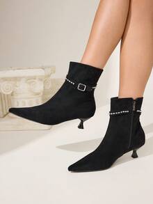CUCCOO CHICEST Giày bốt cao đến bắp chân bằng da lộn màu đen, khóa cài thanh lịch, đính đá thời trang dành cho nữ, đa năng - màu đen - Xem 3