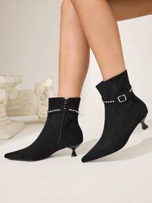 CUCCOO CHICEST Giày bốt cao đến bắp chân bằng da lộn màu đen, khóa cài thanh lịch, đính đá thời trang dành cho nữ, đa năng - màu đen - Xem 6