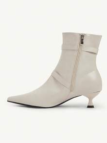 CUCCOO CHICEST 女士秋冬新款闪亮水钻扣侧拉链尖头细高跟鞋优雅通勤百搭时尚舒适米色仿皮踝靴 - 杏色 - 查看 10