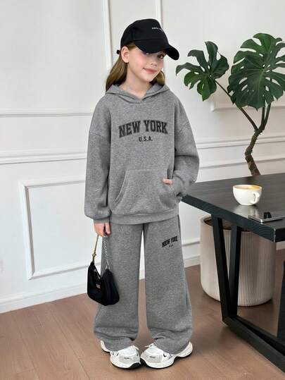 SHEIN Serisse Kids 青少年女孩宽松休闲柔软舒适连帽衫和慢跑裤两件套