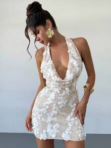 Firerie Đầm mini cổ tròn sequin cho nữ Đầm mini, Tốt nghiệp, Trang phục giáo viên Mùa xuân/Hè, Tiệc tốt nghiệp, Trang phục thời trang mới, Cổ áo trùm đầu đính hạt, Không tay, Hở lưng, Gợi cảm, Lễ hội âm nhạc, Trang phục dự tiệc hòa nhạc đồng quê khi trở lại trường - Màu be - Xem 4