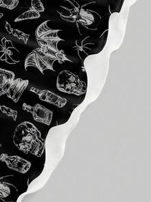 ROMWE Spring/Summer Graphic Flower Black Gothic Dark Skull, Moth, Bat, Spider Mini Dress For Women, Halloween - Black - View 4