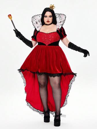 ROMWE Avant Robe évasée en dentelle pailletée Reine de cœur pour grande taille pour fête d'Halloween, Costume d'Halloween grande taille, Tenue de fête et de vacances grande taille