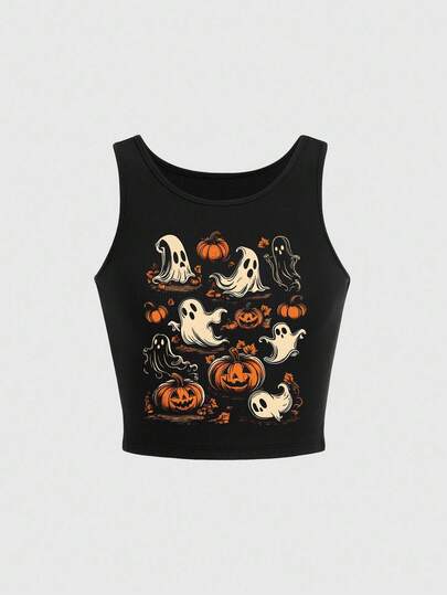Camiseta de tirantes ajustada con estampado de calabaza y fantasma de Halloween oscuro y lindo