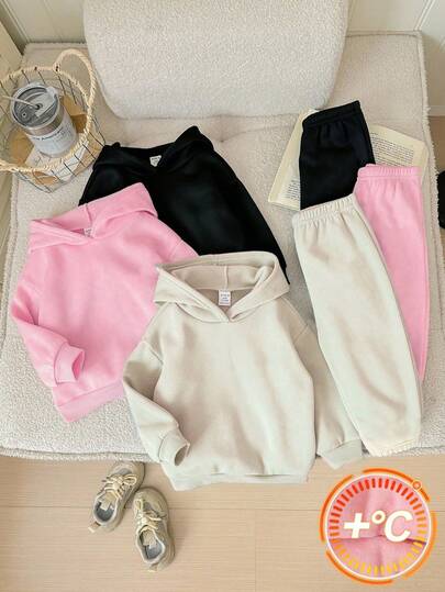 SHEIN Playful Pals 6 件套女婴休闲时尚创意简约连帽衫和运动裤套装，适合秋季，粉色/黑色/杏色