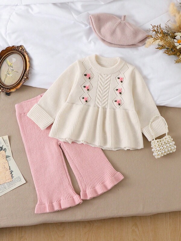 SHEIN Baby Girls Embroidered Sweater Sets,Cute Pink Floral Autumn Matching Family Outfit,Round Neck Pullover Top With Elegant Lace Wide Leg Pants,2Pcs Fall