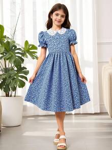 SHEIN Váy in kỹ thuật số cho bé gái tuổi mới lớn, nền trắng có họa tiết hoa nhỏ, cổ áo có hoa, tay bồng, thanh lịch và dành cho kỳ nghỉ hè - Màu xanh lam - Xem 3