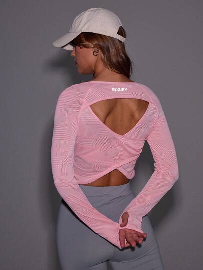 Eassivo Women's Pink Long Sleeve Active Top With Crisscross Cut-Out Back, Running Fitness Yoga Sports T-Shirt & Tank Top, Workout Women Tops