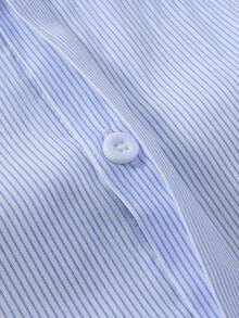 Manfinity Mode 男士休闲条纹衬衫，立领隐形纽扣，修身男士衬衫，男士正装衬衫，男士蓝色条纹衬衫，男士浅蓝色男士衬衫，Old Money，秋季 - 藍白色 - 查看 4