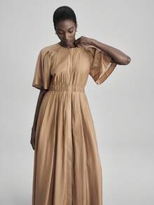 Ontre 女士褶裥插肩袖单排扣口袋休闲连衣裙，适合都市商务休闲、海滩、音乐节、万圣节、圣诞派对、优雅圣诞装扮、秋冬新年服装 - 棕色 - 查看 6