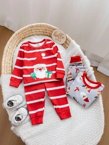 SHEIN Set de lenjerie de casă tricotată cu 4 buc. pentru bebeluși, model drăguț de desene animate, Crăciun, cu mânecă lungă