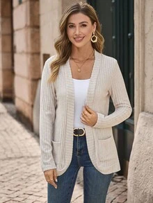 EMERY ROSE 女士休闲罗纹拉绒开衫（带侧袋）和短裤套装 - 杏色 - 查看 5