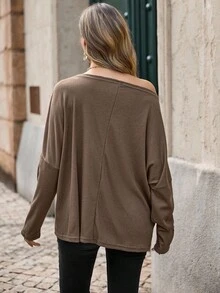 EMERY ROSE Damen grünes T-Shirt mit Fledermausärmeln, weites, strukturiertes Strick-Design mit Off-Shoulder, Herbst - Khaki - Übersicht 2