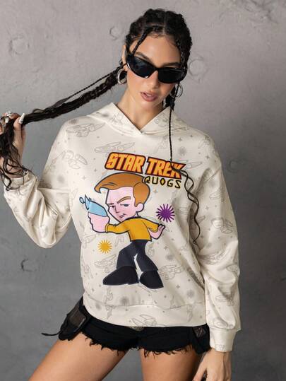 STAR TREK X SHEIN Women's Casual Cartoon English Letter Graphic Hooded Long Sleeve Pullover Sweatshirt, Comfortable For Autumn/Winter