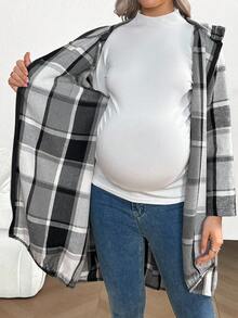 SHEIN Plaid Print Raglan Sleeve Front Zipper Hooded Maternity Jacket For Women - Multicolor - View 7