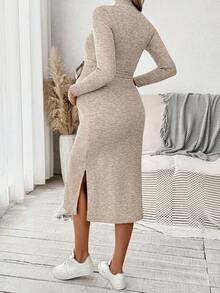 SHEIN Fall Clothes,Autumn Clothes,Maternity Autumn/Winter Clothes Maternity Casual Solid Color Drawstring Stand Collar Side Slit Knit Dress Maternity Dress Maternity Sweater Dress Ribbed Maternity Dress Maternity Lounge Dress Maternity Dresses Tie Waist Maternity Dress Long Sleeve Maternity Dress Maternity Fall Dress Ribbed Maternity Dresses Maternity Sweater Dresses Maternity Midi Dress - Apricot - View 2