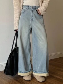 DAZY Women's Regular Waist Straight Leg Jeans, Casual Thermal Lined Denim Pants Thermal Lined,Winter