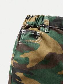 Teen Boys' Y2K Style Tree Camo Washed Denim Jeans, Straight Leg With Frayed Hem, Casual & Cool For School Fall Winter - Army Green - View 5