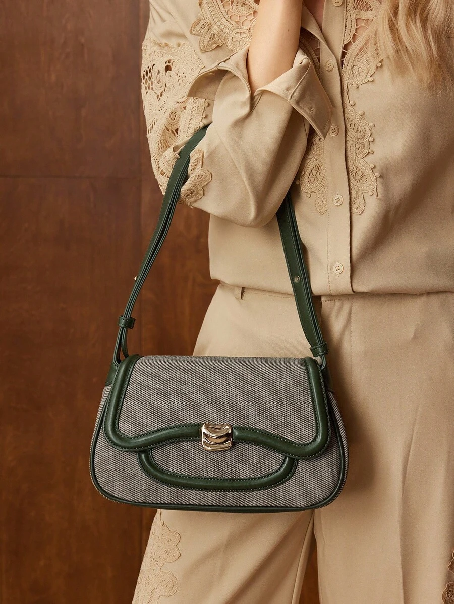 MOTF PREMIUM 1PC WOMEN'S SHOULDER BAG, COMMUTE STYLE, FAUX FABRIC TEXTURE WITH PU LEATHER - Olive Green - View 1