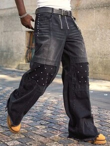 ROMWE MEN Street Life Men's Loose Fit Casual Jeans With Pockets And Pearl Decor, Grunge