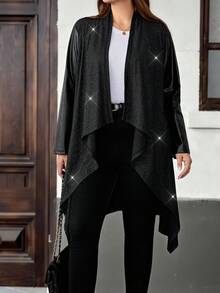 EMERY ROSE Plus Size Fashionable Commuter Asymmetric Hem Jacket, Casual Minimalist Style For Everyday Wear,Going Out, Suitable For Autumn And Winter Fall - Black - View 3