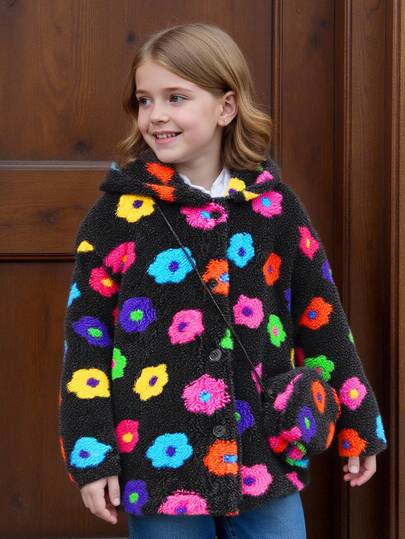 2 件套青少年女孩可爱休闲舒适花卉图案连帽纽扣夹克和配套包，秋冬