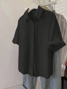 INAWLY 女式纯色前扣休闲百搭短袖衬衫