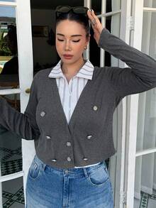 Dazy Plus Color Block Splicing Shirt Collar 2 In 1 Double-Breasted Decor Long Sleeve Business Casual Commuter Long Sleeve Plus Size Women T-Shirt Fall Tops - Dark Grey - View 4