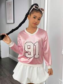 Tween Girl Casual Sports Street Jersey Graphic V-Neck Loose Sweatshirt - Pink - View 1