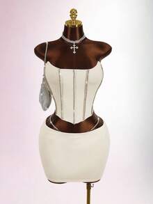 Amplova Conjunto de 2 piezas de top bandeau y minifalda decorados con rhinestones para tallas grandes