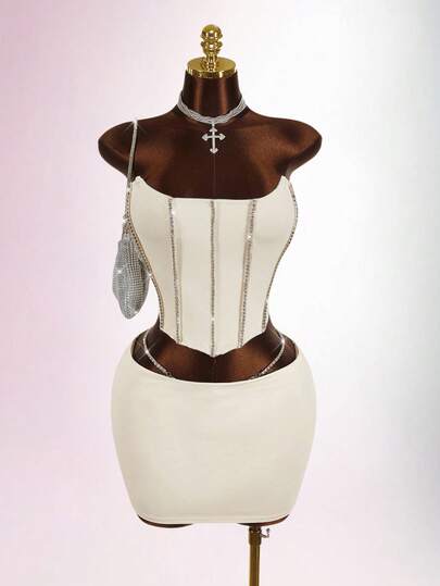 Amplova Conjunto de 2 piezas de top bandeau y minifalda decorados con rhinestones para tallas grandes