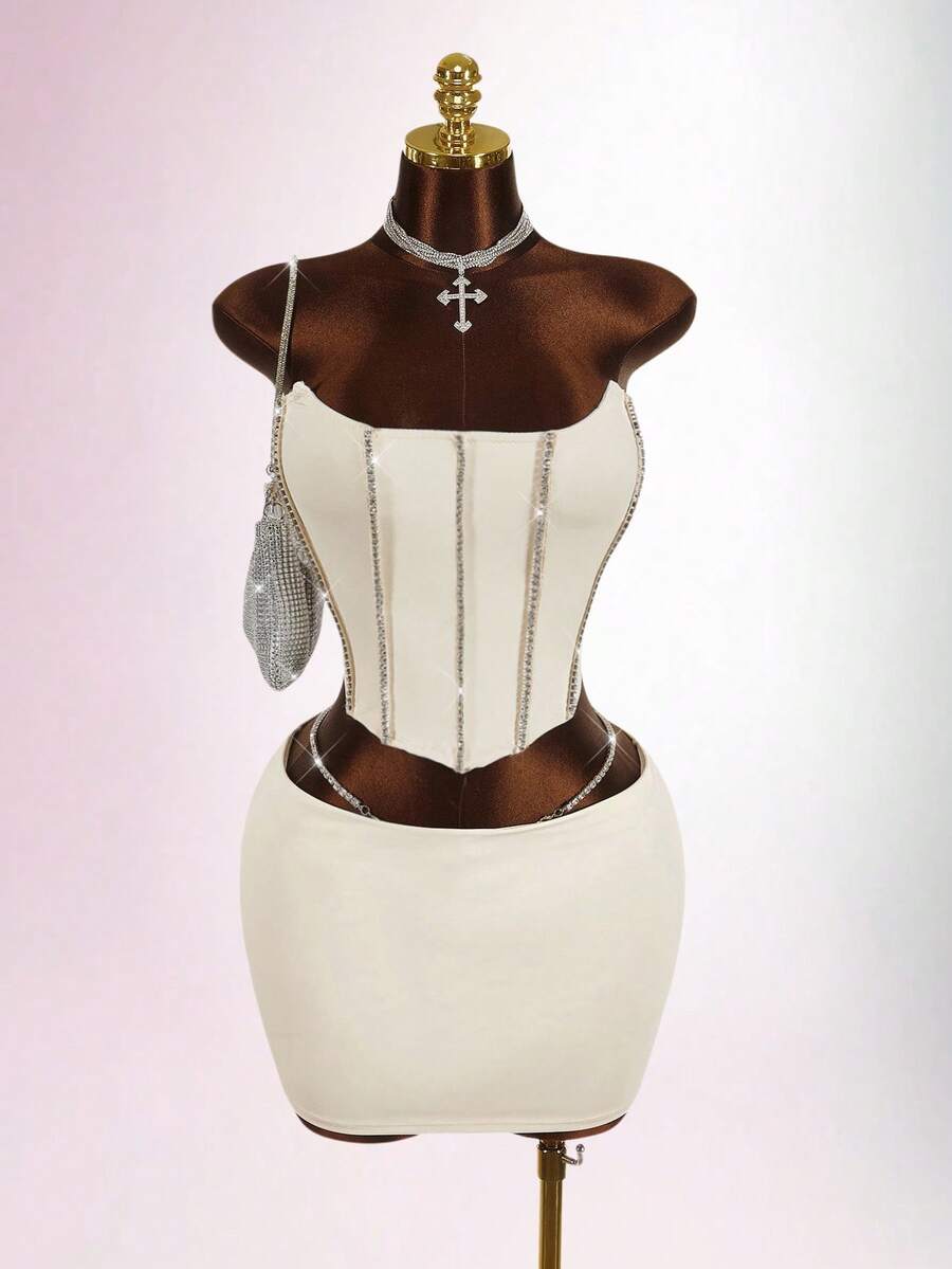 Amplova Conjunto de 2 piezas de top bandeau y minifalda decorados con rhinestones para tallas grandes