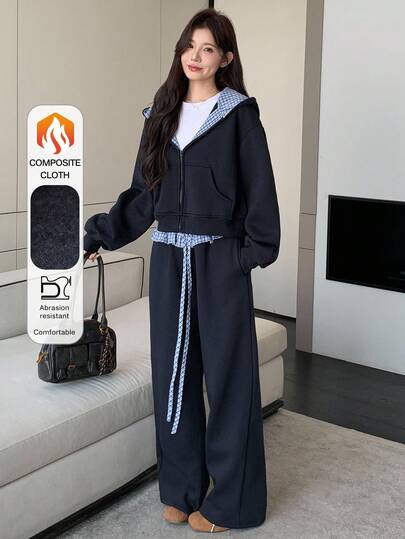 DAZY 女士宽松拉链连帽外套和裤子两件套运动服套装，女士休闲家居服套装