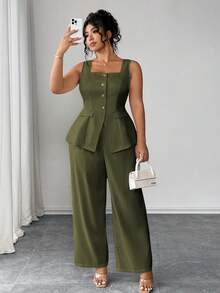 Elenzga Bộ đồ 2 món, Xuân/Hè dành cho nữ cao, trang phục hai mảnh, quần âu, bộ đồ mùa hè, bộ đồ hai mảnh, bộ đồ hai mảnh sang trọng dành cho nữ, bộ đồ 2 món - xanh quân đội - Xem 1