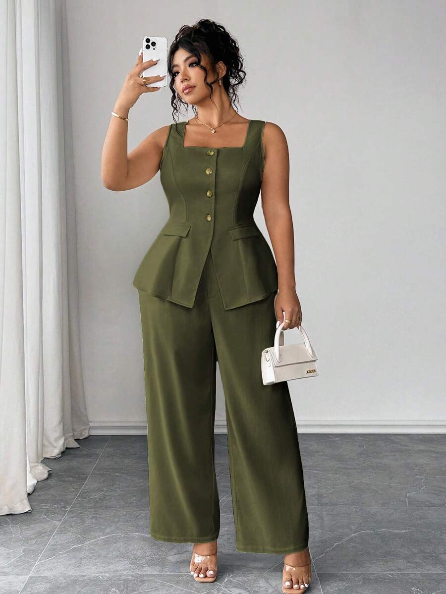 Elenzga Bộ đồ 2 món, Xuân/Hè dành cho nữ cao, trang phục hai mảnh, quần âu, bộ đồ mùa hè, bộ đồ hai mảnh, bộ đồ hai mảnh sang trọng dành cho nữ, bộ đồ 2 món - xanh quân đội - Xem 1