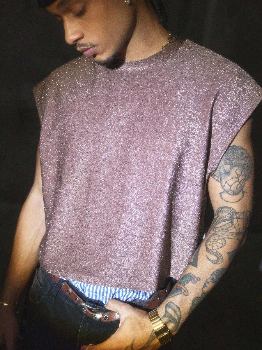 AXEPEAK 男士夏季休闲派对时尚街头金属光泽宽松背心 - 卡其色 - 查看 1