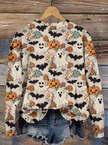 SHEIN LUNE Lässiger minimalistischer Plüsch-Halloween-Geister, Kürbisse, Fledermäuse, süße Gänseblümchen & Blumen Allover-Muster Loose Fit Crew Neck Langarm Sweatshirt für Damen, geeignet für Herbst/Winter, Halloween, Herbst - Verschiedenfarbig - Übersicht 2