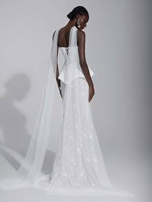 Elitara 优雅华丽的白色蝴蝶提花蕾丝拼接奢华缎面抹胸立体鱼尾连衣裙，带拖尾和可移动飘逸裙摆，适合婚礼、节日、新娘礼服、正式场合、情人节等场合穿着。 - 白色 - 查看 2