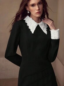 MOTF PREMIUM WATER-SOLUBLE 3D EMBROIDERED 2 IN 1 COLLAR DECOR COLLEGIATE STYLE ELEGANT WOMEN SHORT DRESS - Black - View 4