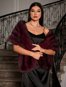 Allurite كيب فرو صناعي أحادي اللون للنساء، كيب فرو أحمر كبير للحفلات والأعياد - عنابي اللون - مشاهدة 5