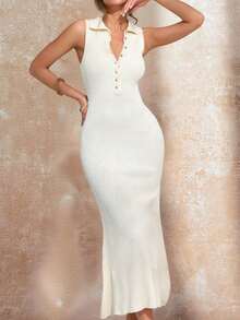 CLARA VERO 女士高领金色纽扣修身毛衣裙罗纹针织中长款优雅