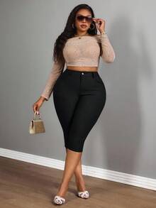 Slaydiva Plus Size Women Black Elastic Rhinestone Embellished Casual Capri Pants - Black - View 5
