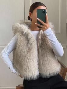 DAZY 女士无袖连帽仿皮草外套，宽松休闲街头风冬季背心女式大衣 - 卡其色 - 查看 2