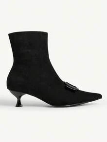 CUCCOO CHICEST Women's Fashion Kitten Heel All-Match Style Versatile Striped Metal Decor Zipper Knee-High Boots - Black - View 8