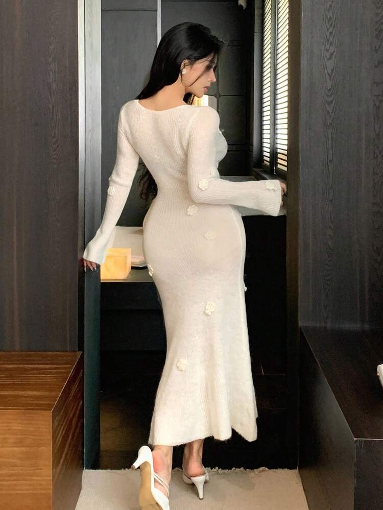 Women's Elegant Solid Color Fitted Sweater Dress, Autumn/Winter